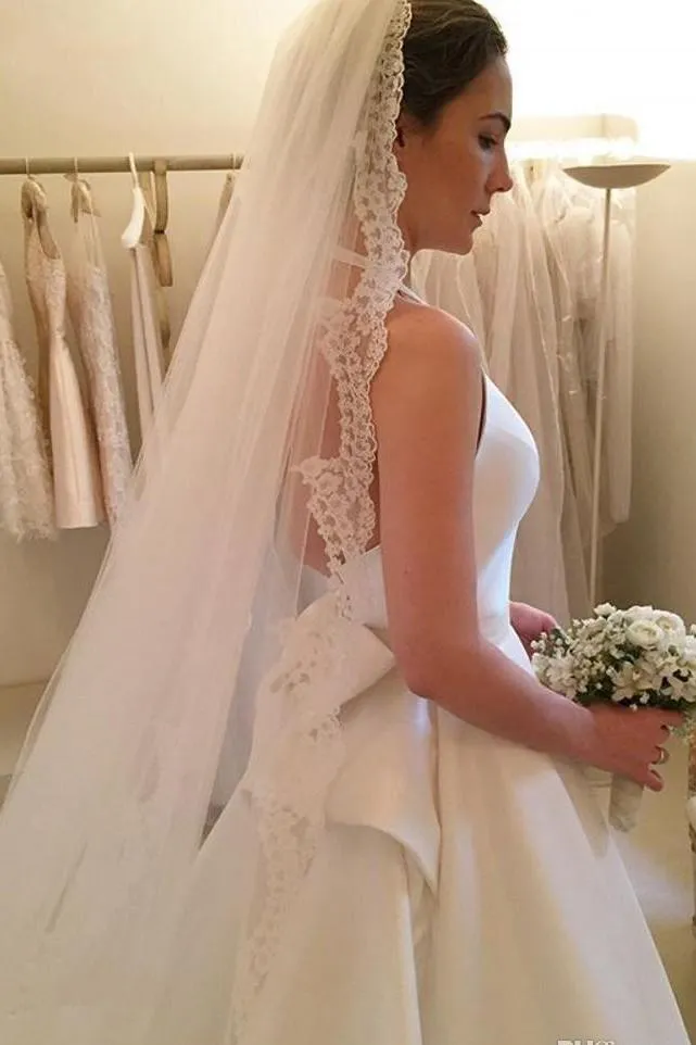 A Line Halter Satin Wedding Dress, Simple Backless Sleeveless Bridal Dress With Bow N1570