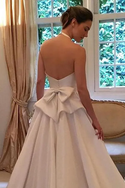 A Line Halter Satin Wedding Dress, Simple Backless Sleeveless Bridal Dress With Bow N1570