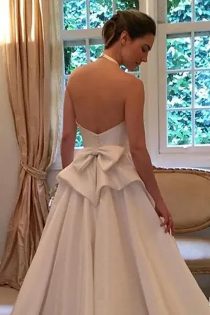 A Line Halter Satin Wedding Dress, Simple Backless Sleeveless Bridal Dress With Bow N1570