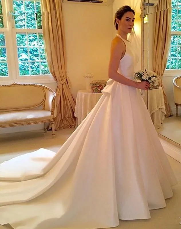 A Line Halter Satin Wedding Dress, Simple Backless Sleeveless Bridal Dress With Bow N1570