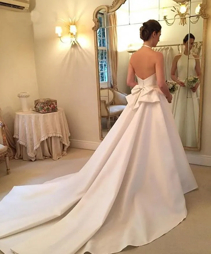 A Line Halter Satin Wedding Dress, Simple Backless Sleeveless Bridal Dress With Bow N1570