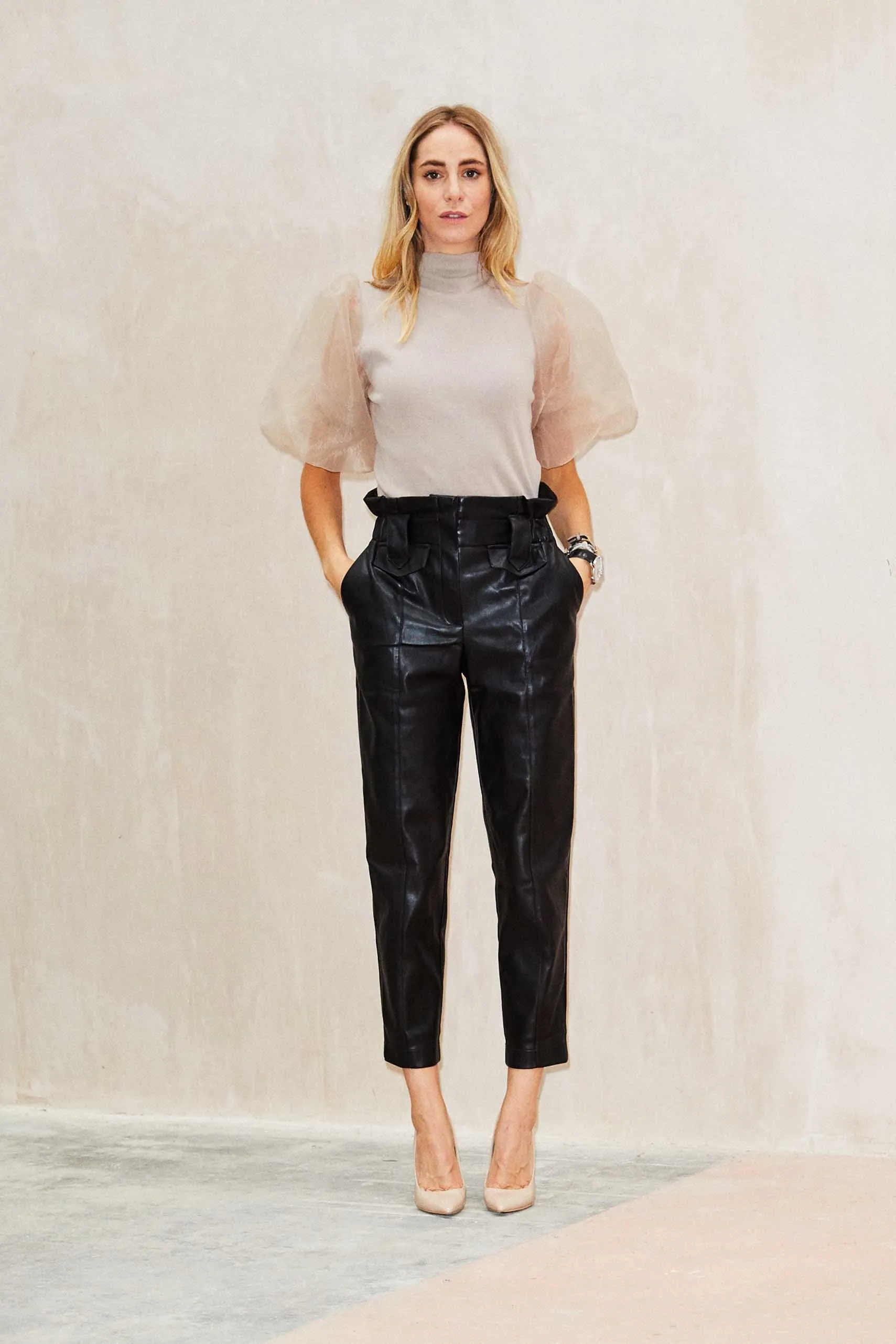 Beige Sheer Puff Sleeve Knit Top
