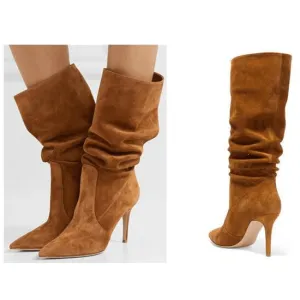 Brown High Heel Suede Fold Knee High Boots