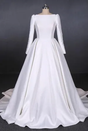 Cheap Long Sleeves Satin White Wedding Dress Simple Backless Bridal Dress N2301