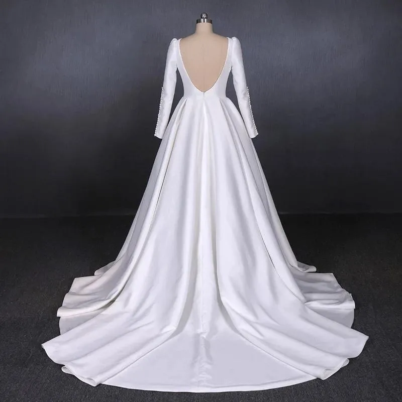 Cheap Long Sleeves Satin White Wedding Dress Simple Backless Bridal Dress N2301