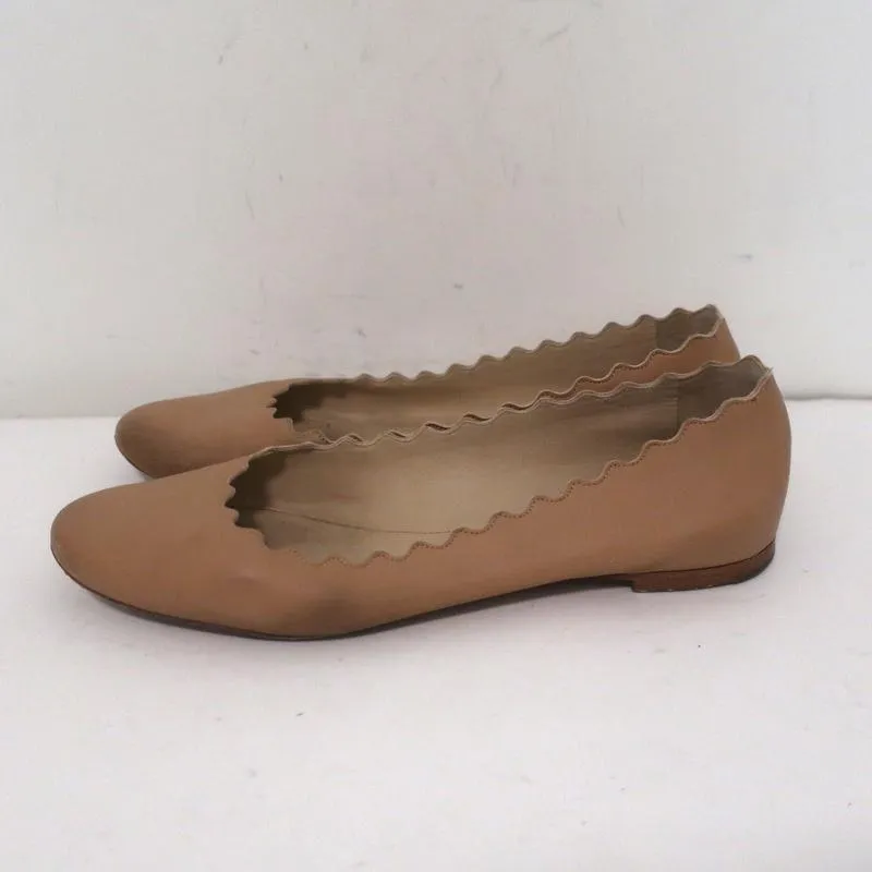 Chloe Lauren Ballet Flats Beige Scalloped Leather Size 38.5
