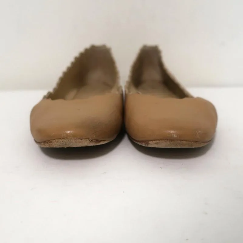 Chloe Lauren Ballet Flats Beige Scalloped Leather Size 38.5
