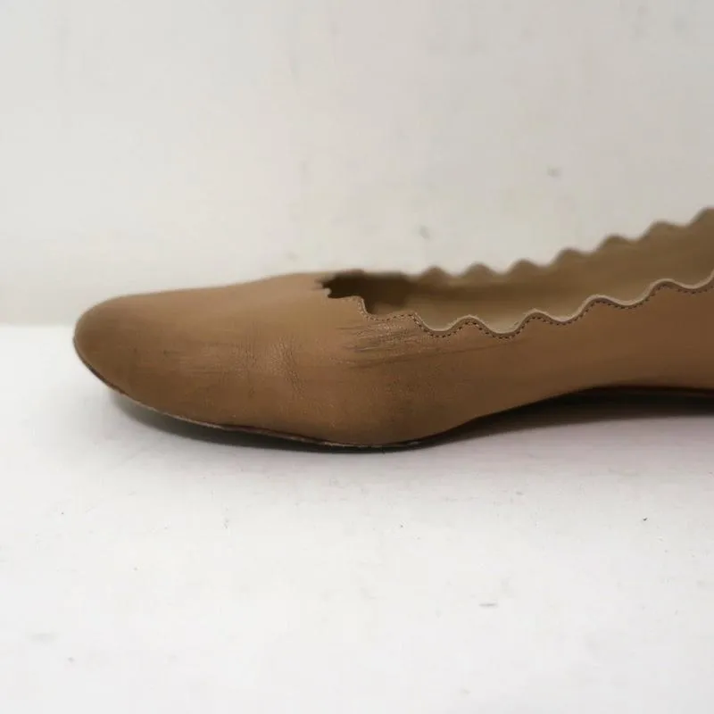 Chloe Lauren Ballet Flats Beige Scalloped Leather Size 38.5