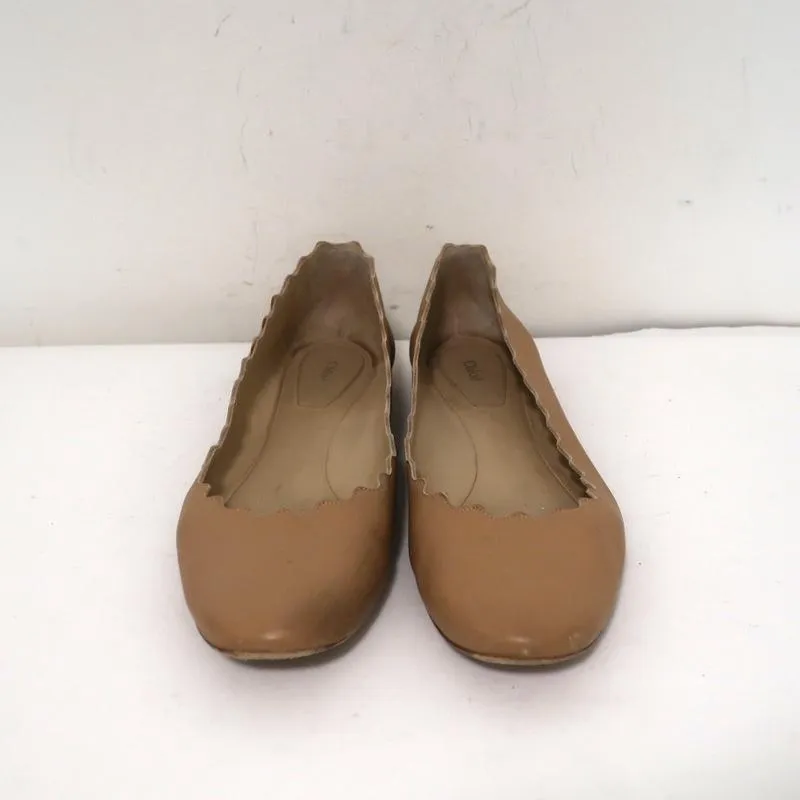 Chloe Lauren Ballet Flats Beige Scalloped Leather Size 38.5