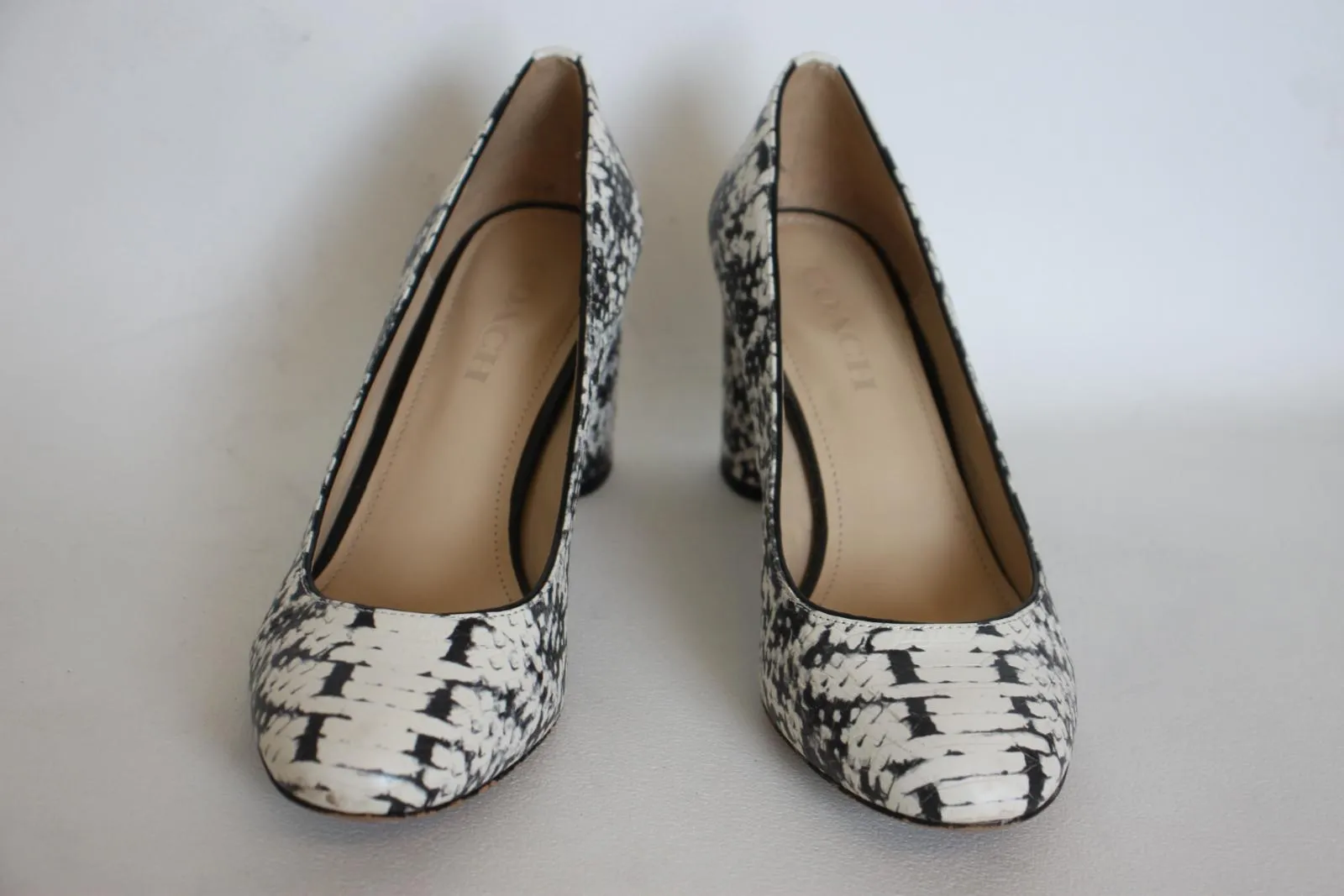 COACH Ladies Black & White Leather Snake-Print Block Heel Pumps Shoes UK6 EU39