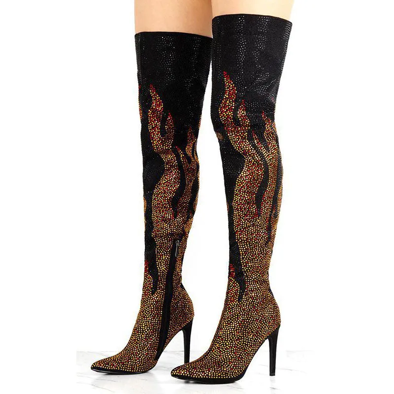 Fashion Black Rhinestone High Heel Thigh High Boots
