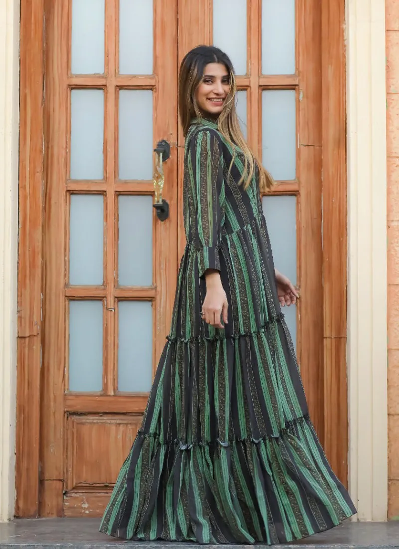 Green-Black Party Wear Chiffon Maxi Gown