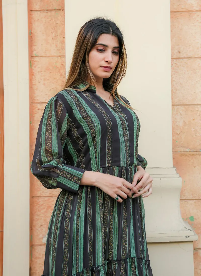 Green-Black Party Wear Chiffon Maxi Gown