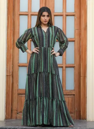 Green-Black Party Wear Chiffon Maxi Gown