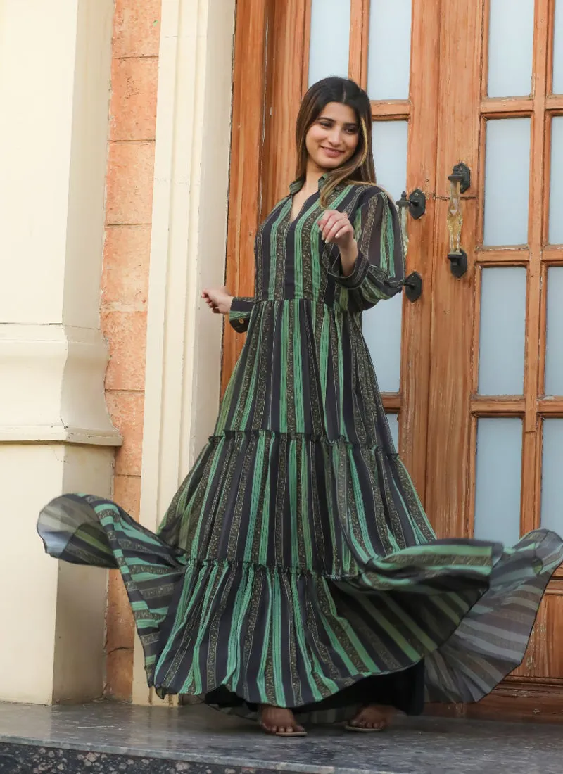 Green-Black Party Wear Chiffon Maxi Gown