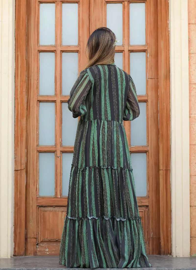 Green-Black Party Wear Chiffon Maxi Gown