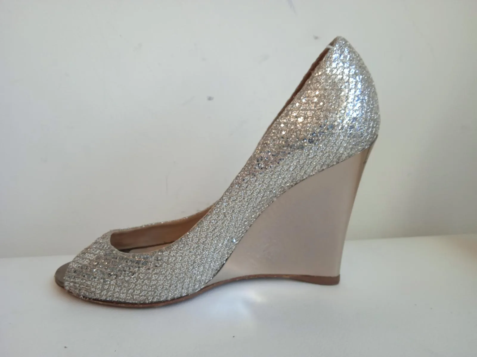 JIMMY CHOO Ladies Metallic Silver Baxen Reflective Wedge Pump Shoes EU37.5 UK4.5