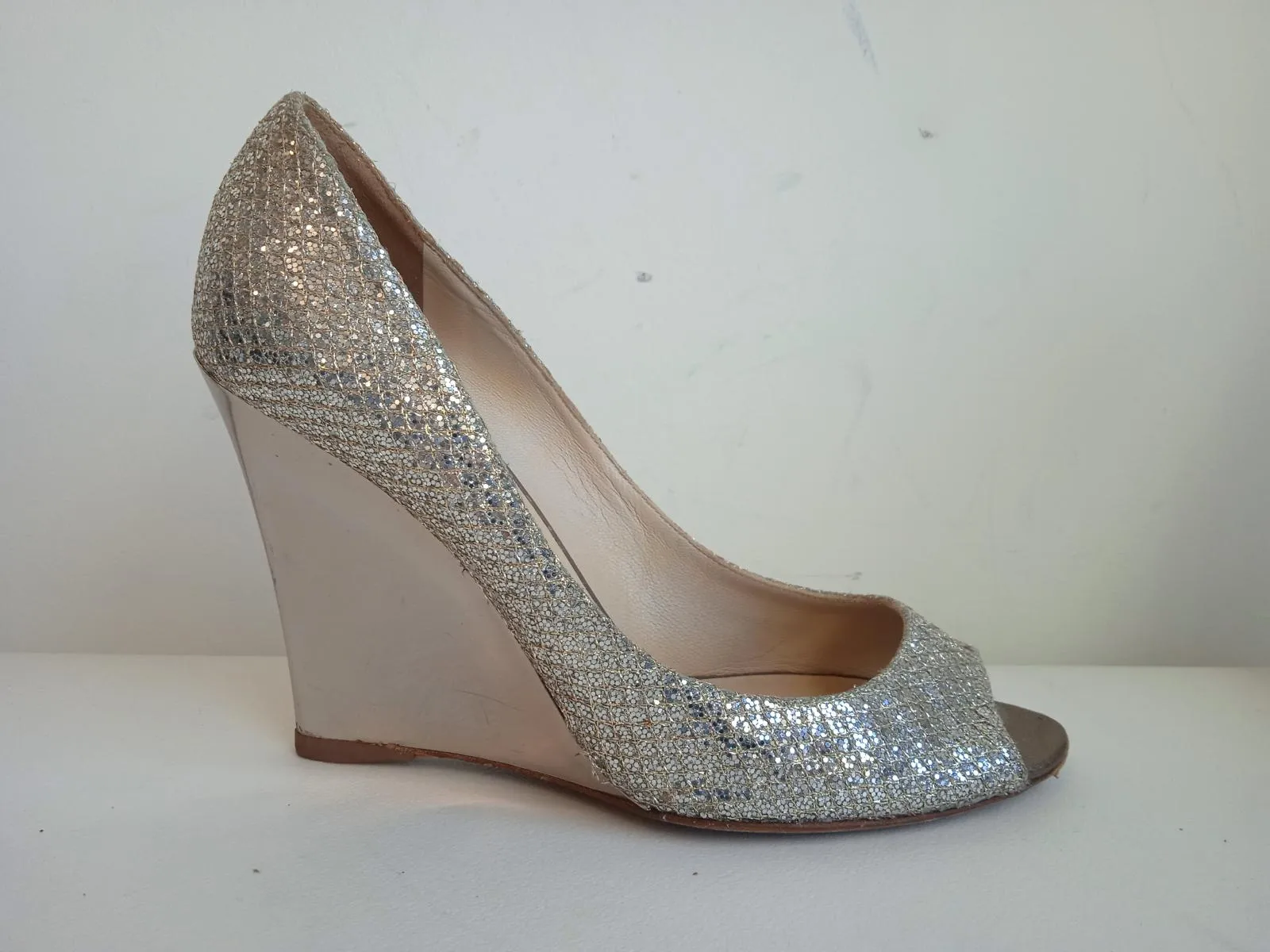 JIMMY CHOO Ladies Metallic Silver Baxen Reflective Wedge Pump Shoes EU37.5 UK4.5
