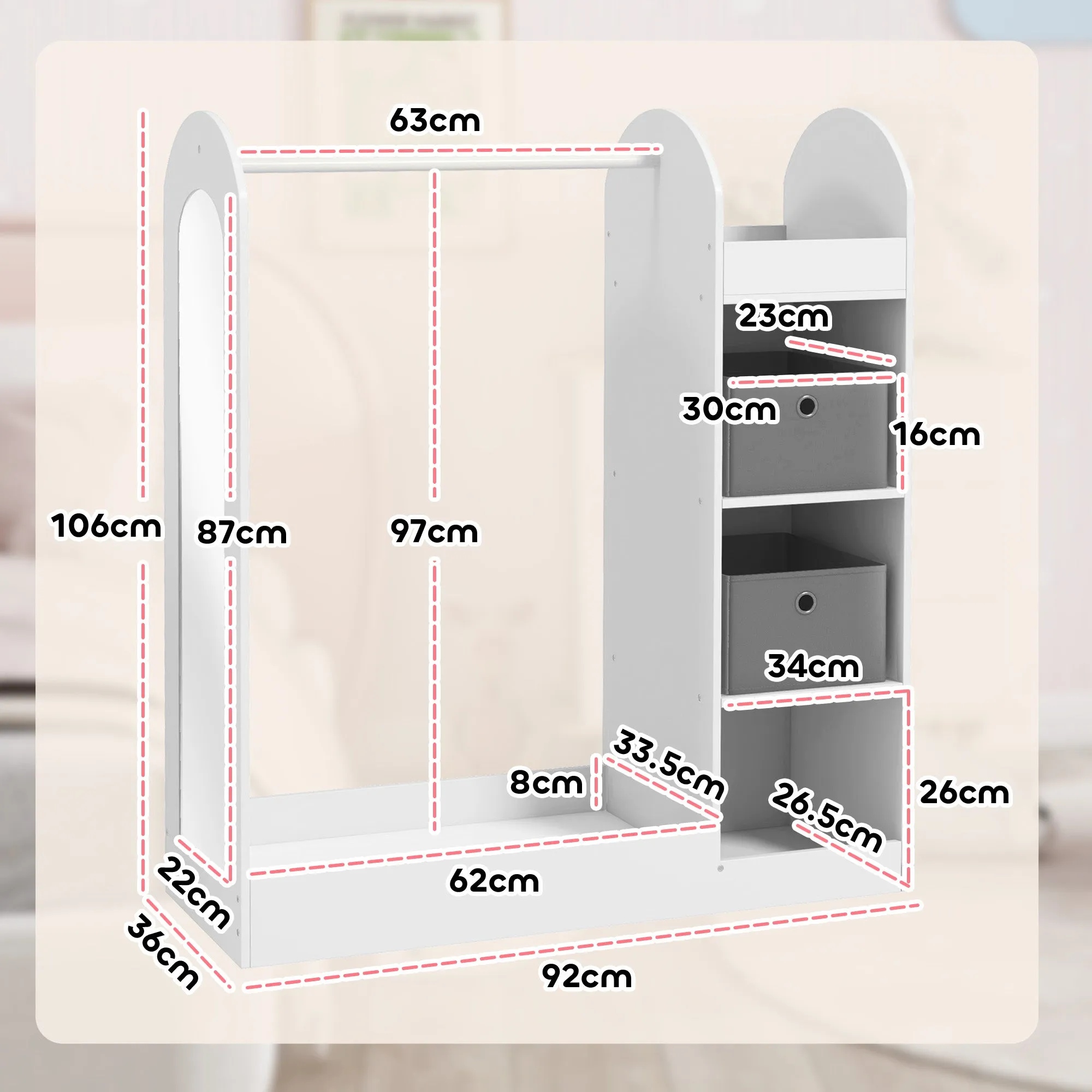 Kids Cloth Rail with Storage Shelf, Boxes, Mirror for Bedroom, White