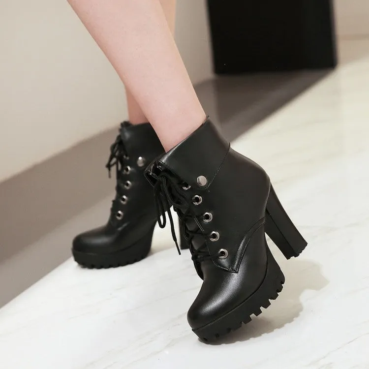 Lady's chunky platform high heels combat boots England style front lace short booties