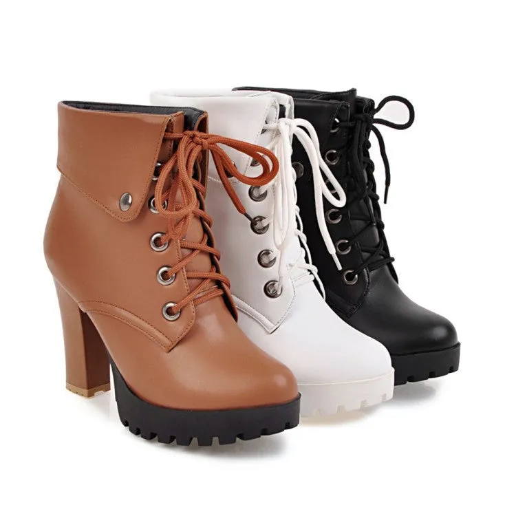 Lady's chunky platform high heels combat boots England style front lace short booties