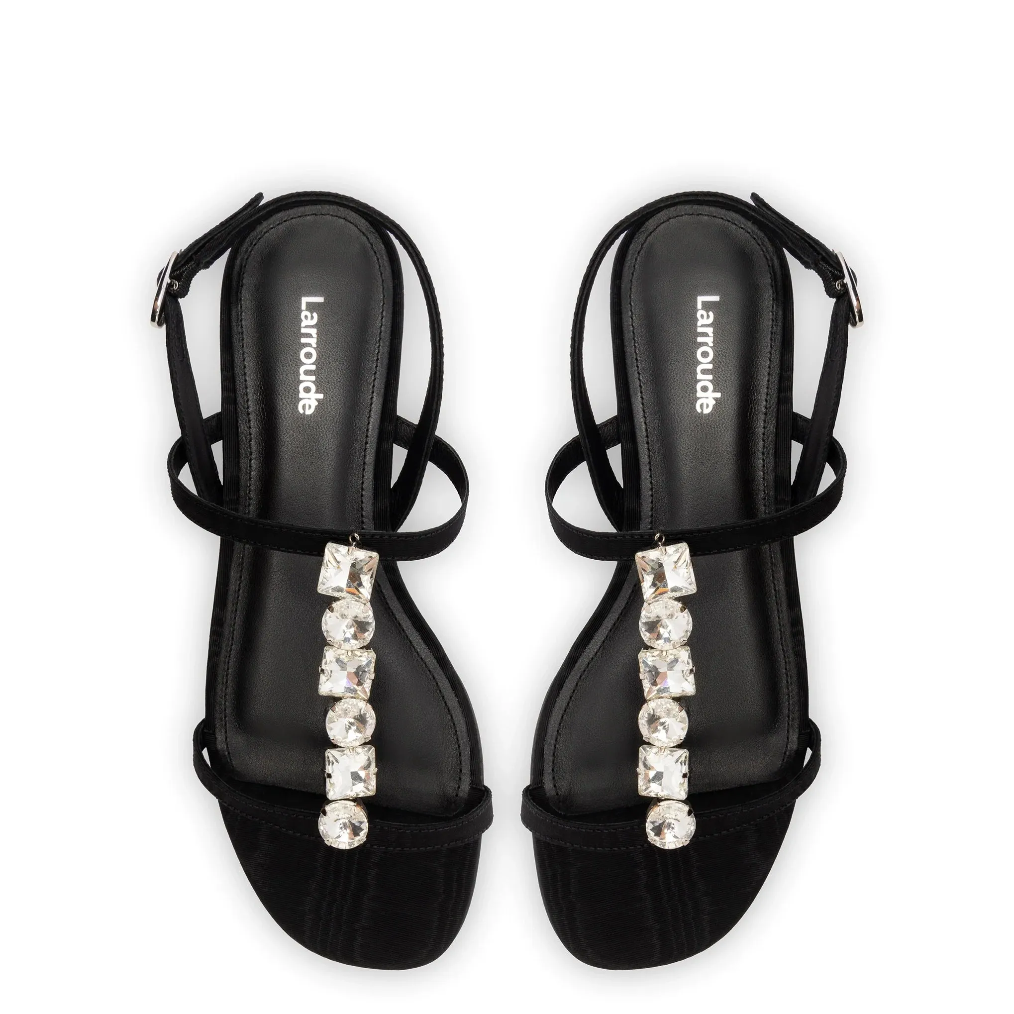 LARROUDÉ Calypso Flat Sandal In Black Fabric and Crystals