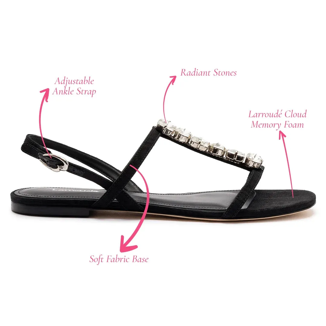 LARROUDÉ Calypso Flat Sandal In Black Fabric and Crystals