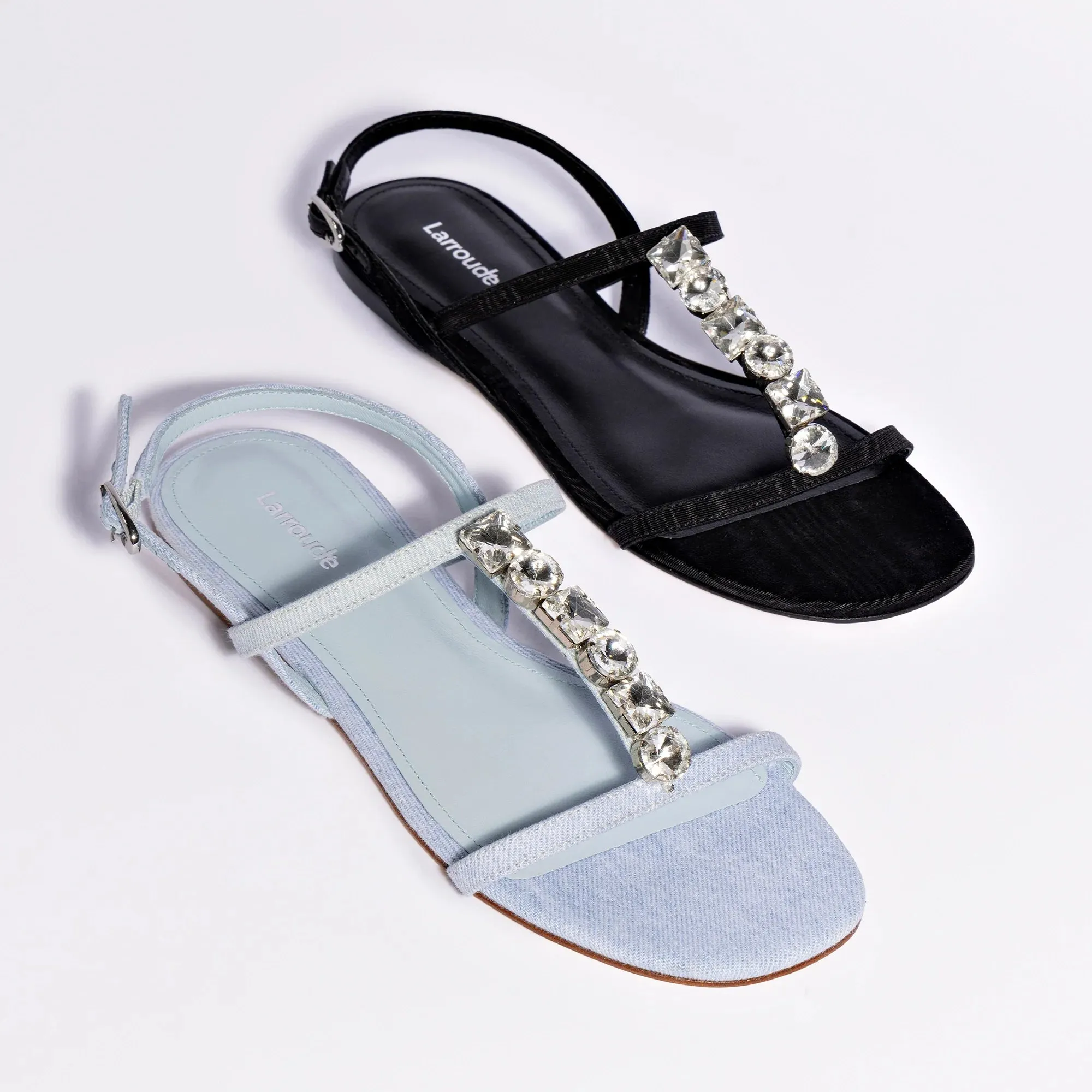 LARROUDÉ Calypso Flat Sandal In Black Fabric and Crystals