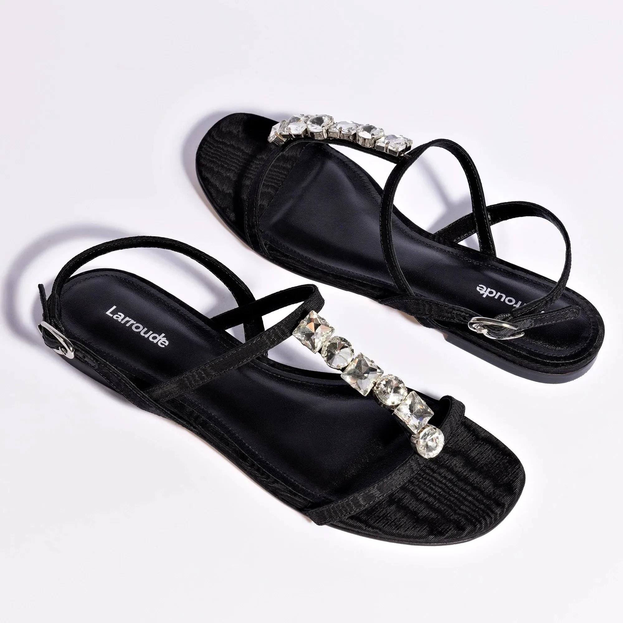 LARROUDÉ Calypso Flat Sandal In Black Fabric and Crystals
