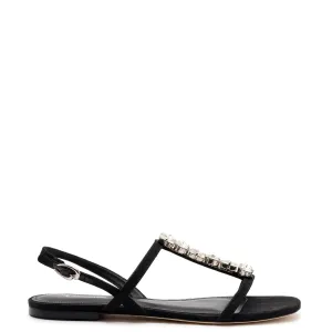 LARROUDÉ Calypso Flat Sandal In Black Fabric and Crystals