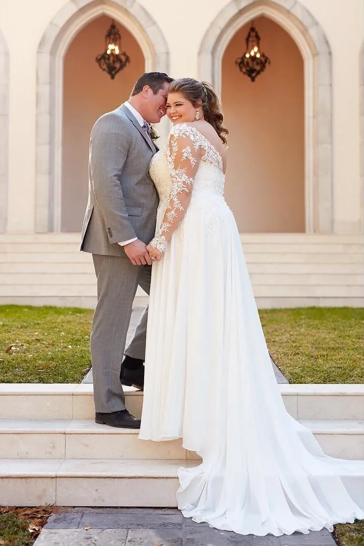 Modest Long Sleeves Lace Chiffon V-neck Plus Sizes Beach Wedding Dress Y0114