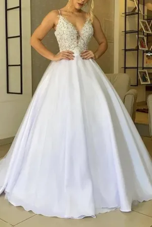 Modest Spaghetti Straps Satin Long Wedding Dress For Women Y0161