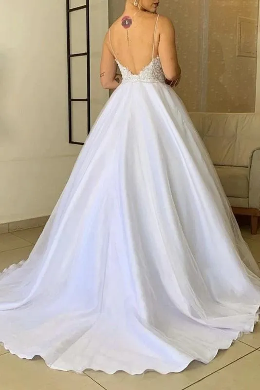 Modest Spaghetti Straps Satin Long Wedding Dress For Women Y0161