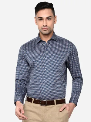 Navy Blue & Gold Printed Slim Fit Formal Shirt | Metal