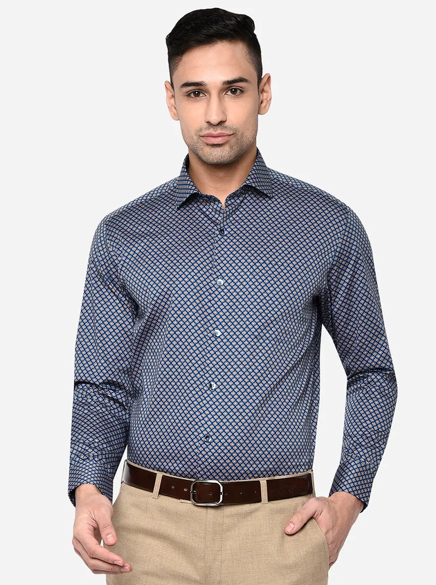 Navy Blue & Gold Printed Slim Fit Formal Shirt | Metal