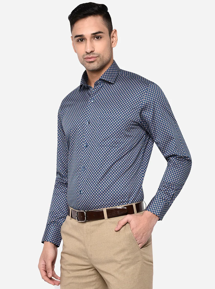 Navy Blue & Gold Printed Slim Fit Formal Shirt | Metal