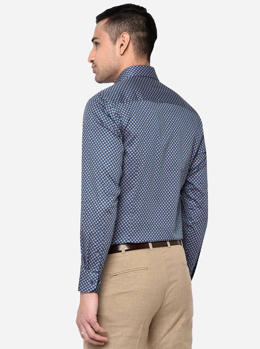 Navy Blue & Gold Printed Slim Fit Formal Shirt | Metal