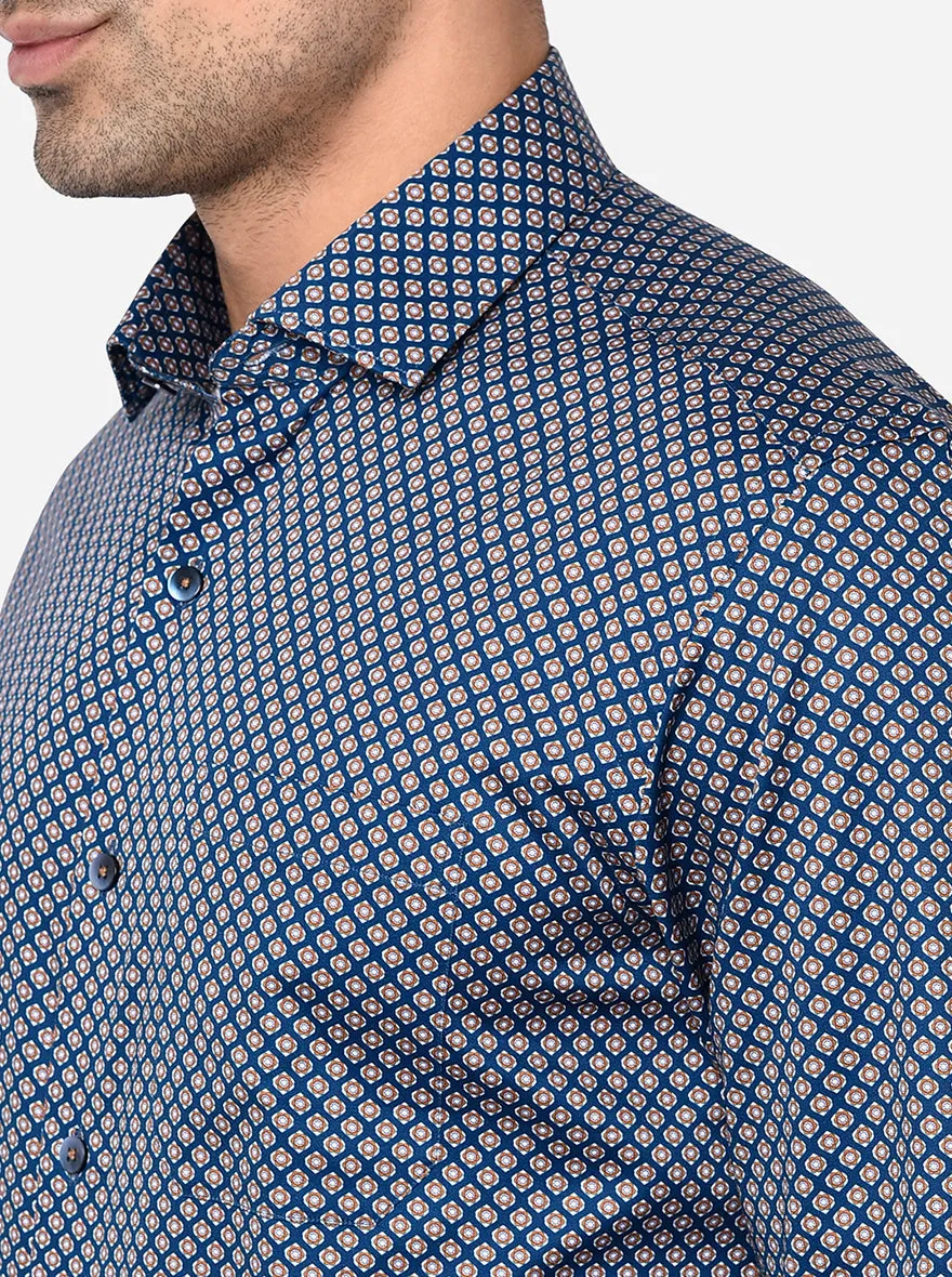Navy Blue & Gold Printed Slim Fit Formal Shirt | Metal