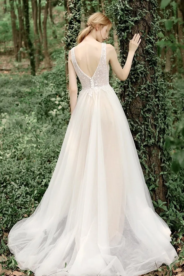 New Arrival V-neck Simple Backless Elegant Long Beach Wedding Dresses Y0104