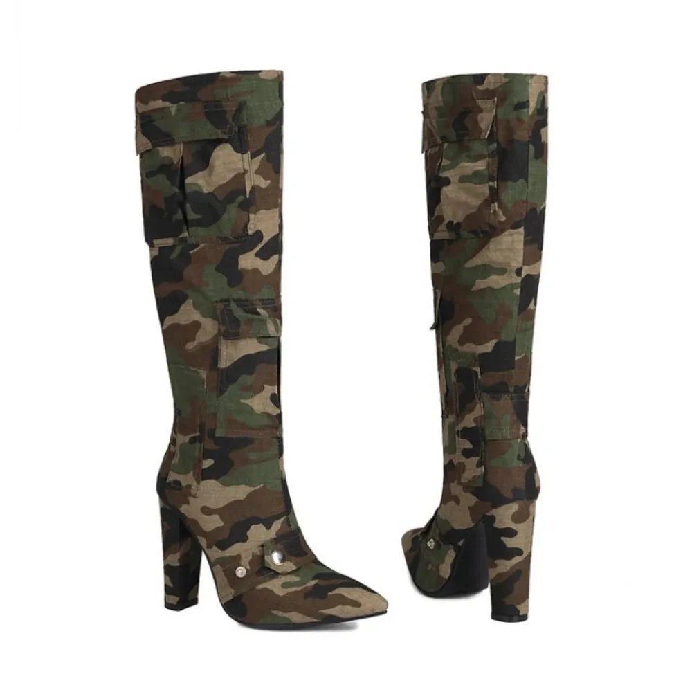 New Fashion Women Winter Knee Boots Chunky Heels Pointed Toe Pretty Green Party Shoes