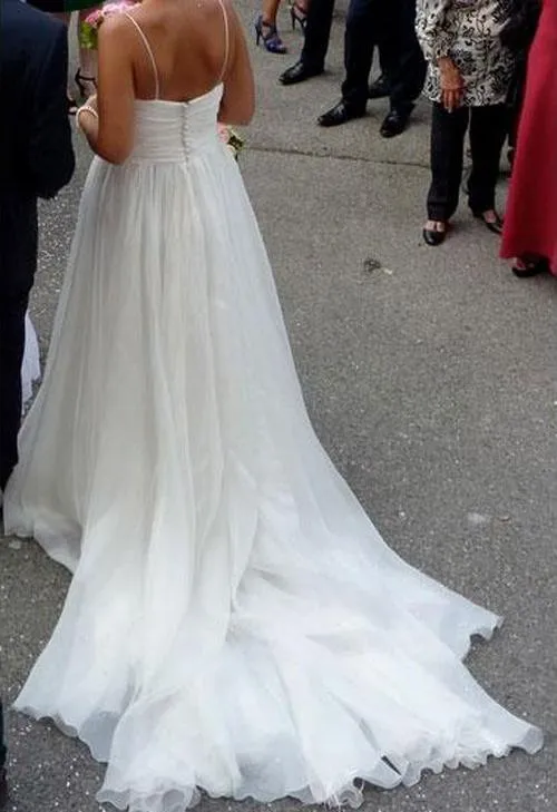 NumberSea White A-line Chiffon Simple V-neck Spaghetti Straps Court Train Wedding Dresses, MW257