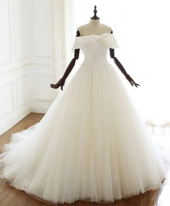 Off The Shoulder Simple Lace Up Ivory Tulle Wedding Dress Elegant Bridal Gowns Y0062