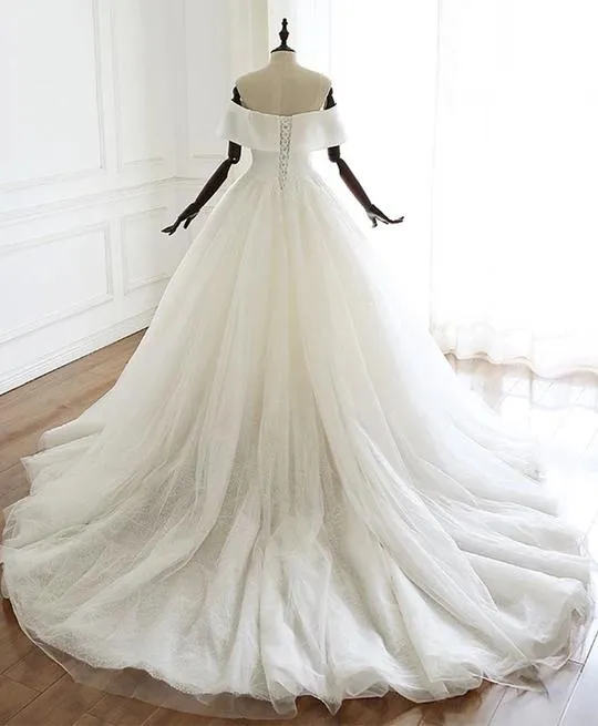 Off The Shoulder Simple Lace Up Ivory Tulle Wedding Dress Elegant Bridal Gowns Y0062
