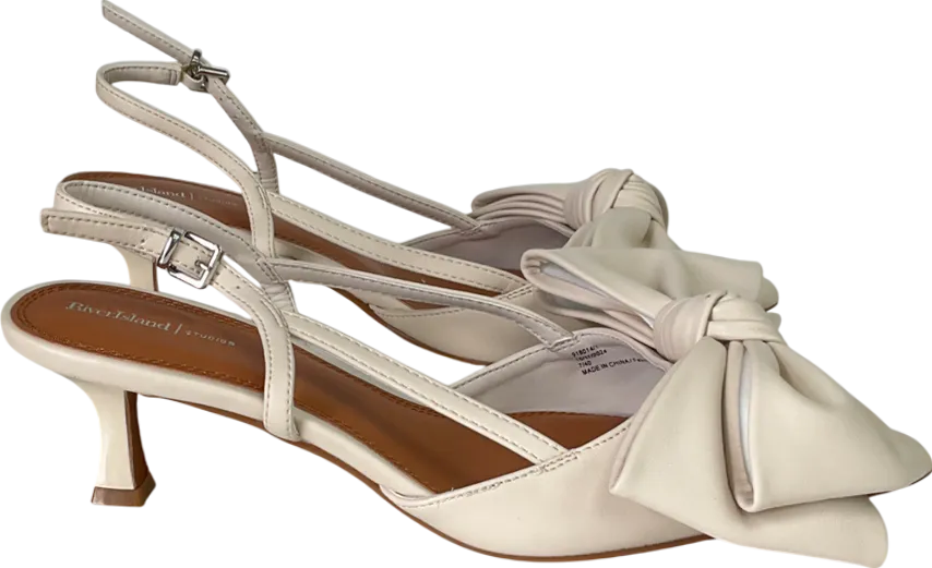 River Island Cream Brown Raffia Sling Back Bow Heeled Court Shoes UK 7 EU 40 👠