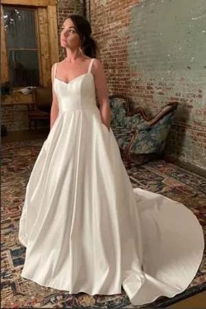 Simple Ivory Satin Spaghetti Straps Court Train Wedding Dress With Pockets APW0420