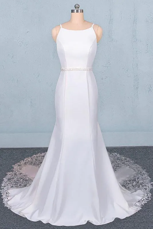Simple Mermaid Sleeveless Wedding Dress With Lace, Sexy Backless Bridal Dress N2355
