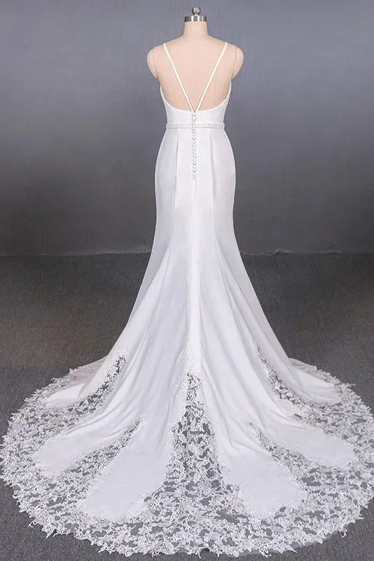 Simple Mermaid Sleeveless Wedding Dress With Lace, Sexy Backless Bridal Dress N2355