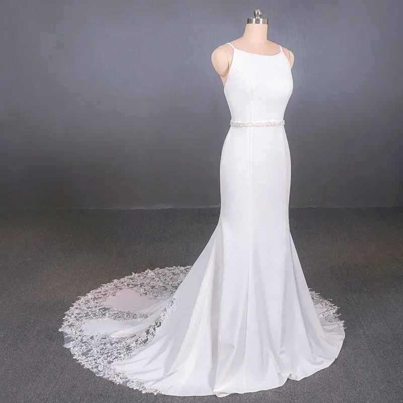 Simple Mermaid Sleeveless Wedding Dress With Lace, Sexy Backless Bridal Dress N2355