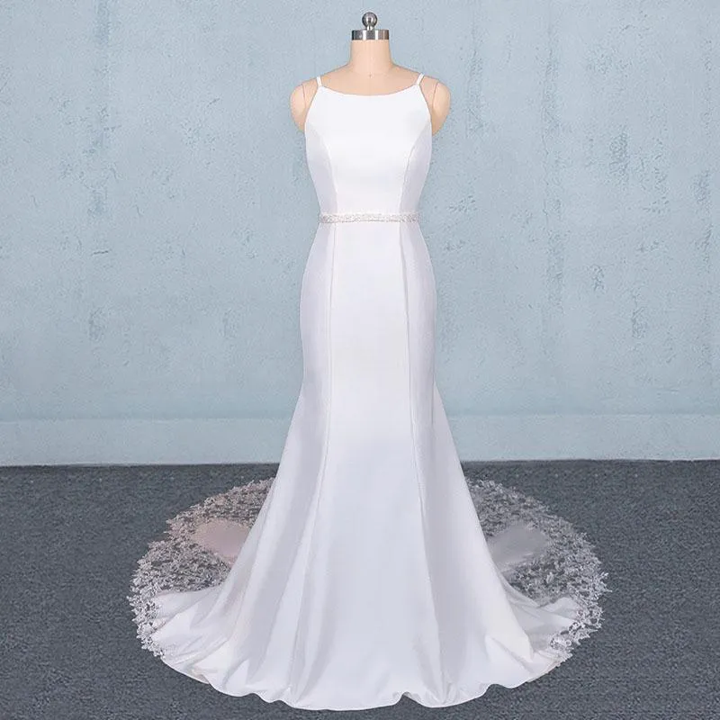 Simple Mermaid Sleeveless Wedding Dress With Lace, Sexy Backless Bridal Dress N2355