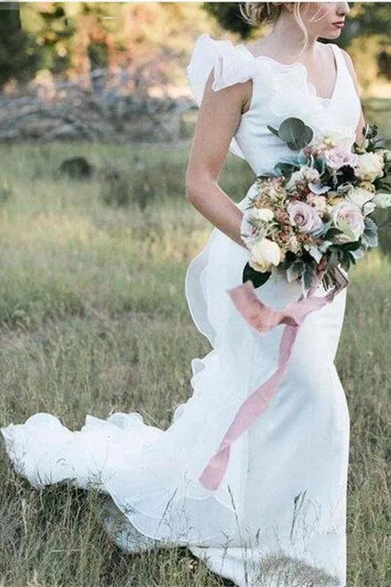 Simple Mermaid White V Neck Backless Wedding Dress Bridal Dress N2023